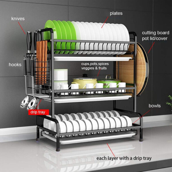 3 Tier Dish Drainer Rack With Drip Tray Cutlery Holder Plate Rack Kitchen Sink - Image 9