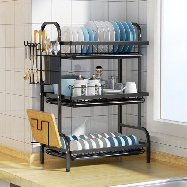 3 Tier Dish Drainer Rack With Drip Tray Cutlery Holder Plate Rack Kitchen Sink - Image 2