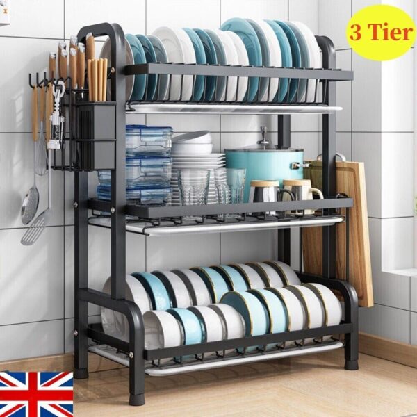 3 Tier Dish Drainer Rack With Drip Tray Cutlery Holder Plate Rack Kitchen Sink - Image 5