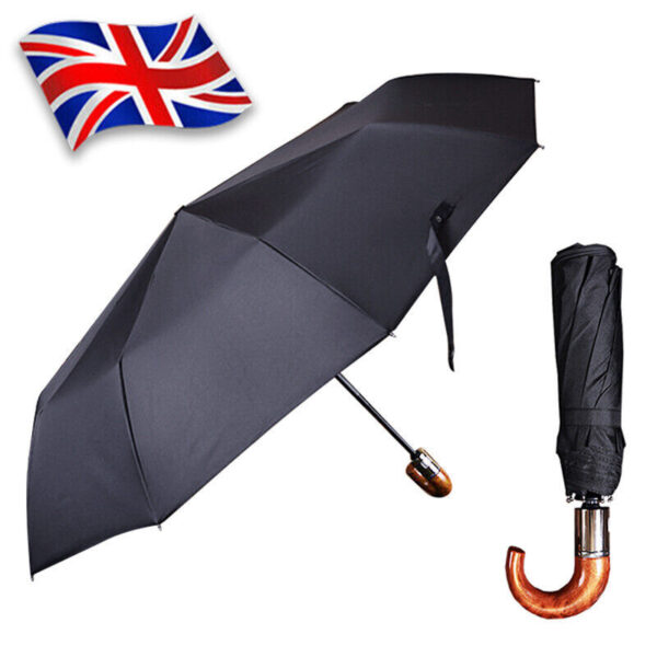 Crook Handle Compact Auto Open Umbrella Wooden style handle - Image 9