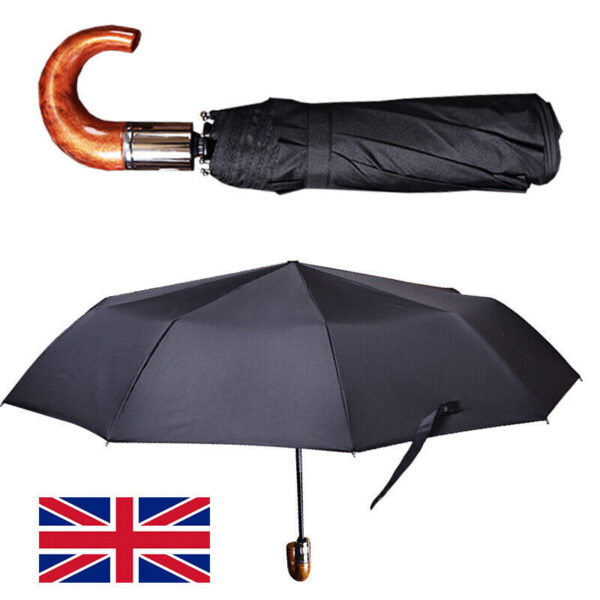 Crook Handle Compact Auto Open Umbrella Wooden style handle - Image 5