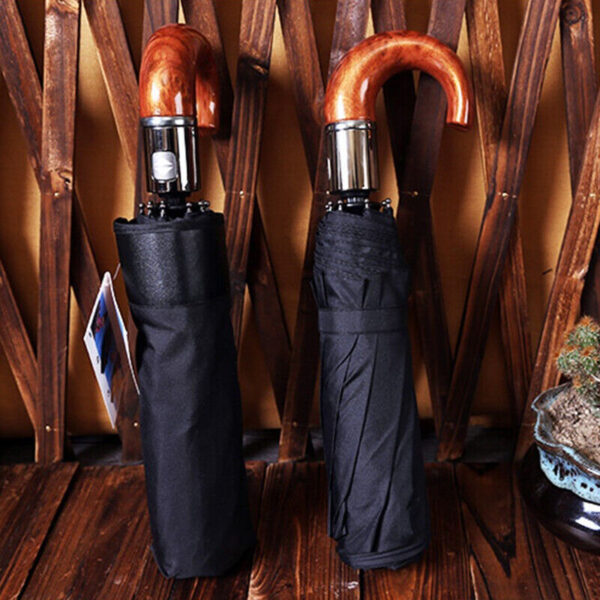 Crook Handle Compact Auto Open Umbrella Wooden style handle - Image 2