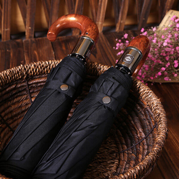 Crook Handle Compact Auto Open Umbrella Wooden style handle - Image 8